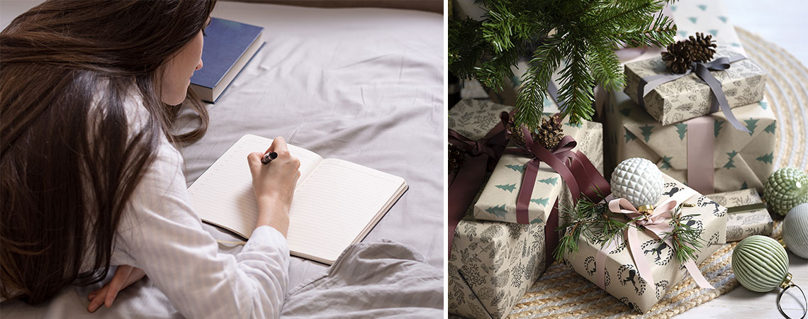 Žene koje pišu spisak za kupovinu i novogodišnji pokloni pod drvcem