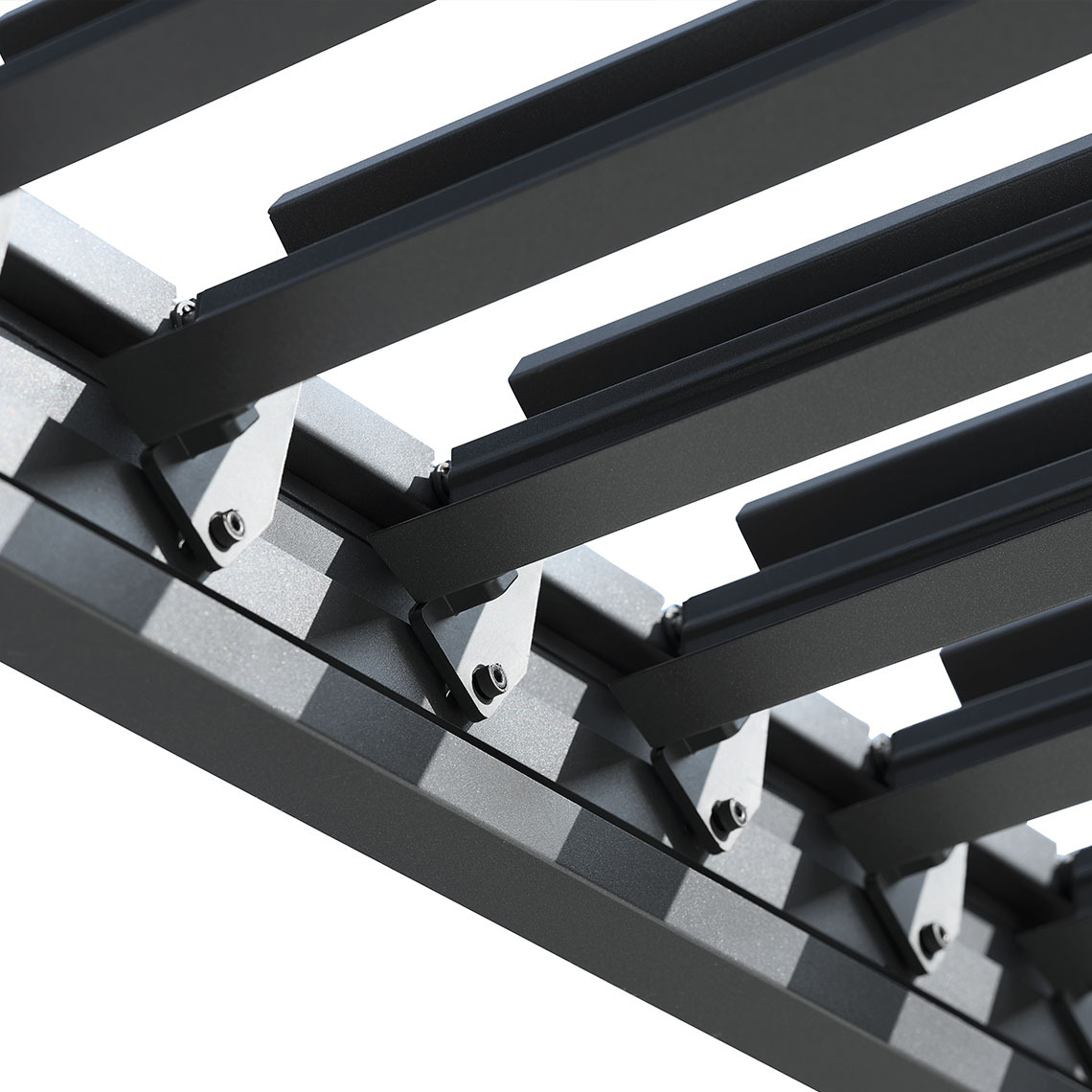 The KONGEMOSE pergola has adjustable roof slats Black metal pergola with roof and open, adjustable roof slats