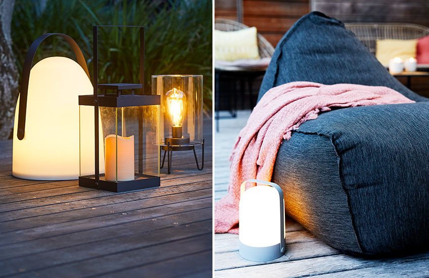 Battery lamps on a patio and beide a lounge chair