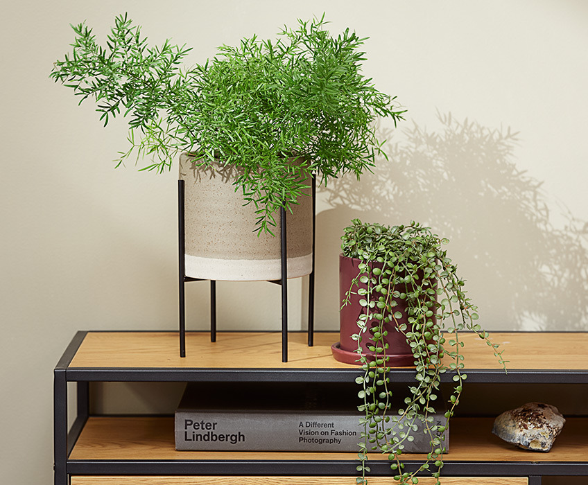 Veštačke biljke na modernoj TV polici, jedna biljka stoji uspravno, a druga visi 