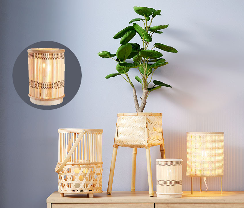Fenjer, saksija za biljke od bambusa, baterijska lampa i stona lampa