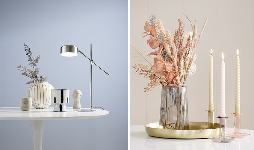 Vaze, svećnjaci, lampa i sveća u skandinavskom dizajnu i svetlim bojama