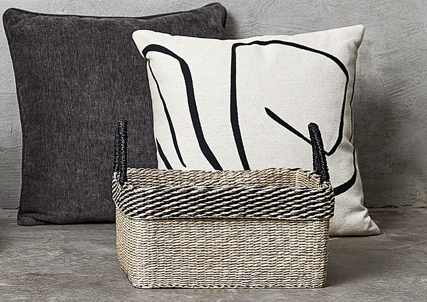 HVITVEIS decorative cushion and AGNE basket Two cushions in white, beige, and grey colours and basket