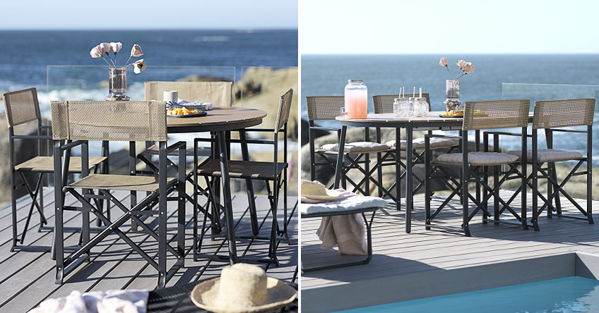 Okrugli baštenski sto koji se može produžiti na terasi pored okeana